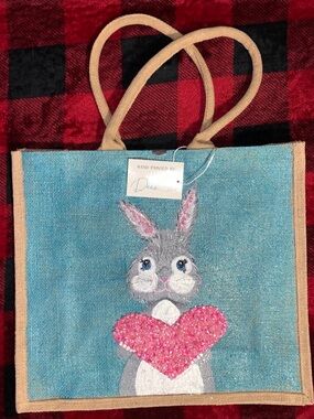 Dana’s Uncommon Glass Hand-Painted Bunny Tote Bag in Teal with Pink Heart